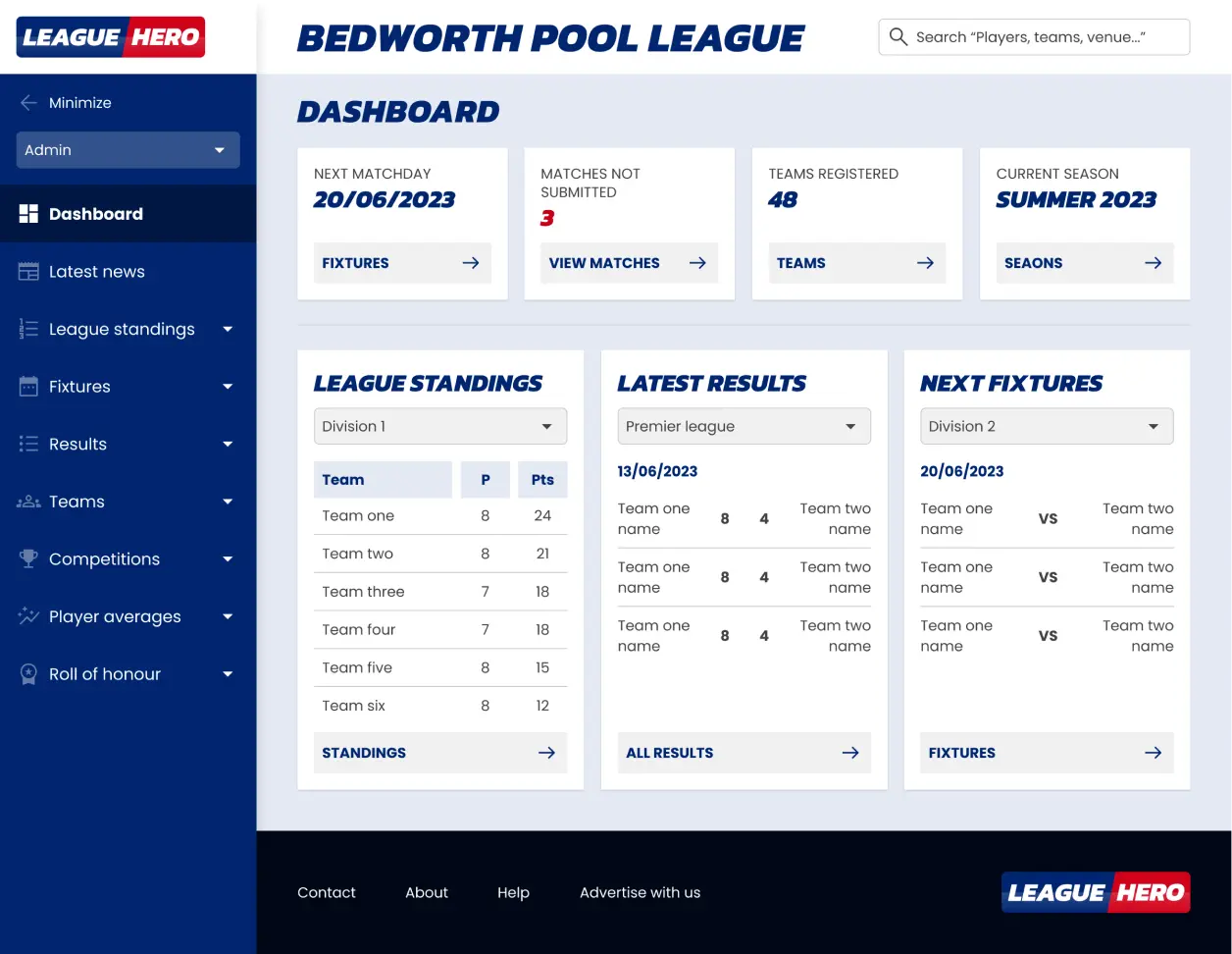 An image of the League Hero system being used on a computer. Showing the dashboard which features matchday fixtures, results and league standings.